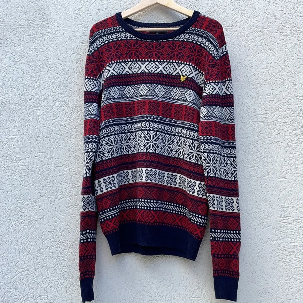 Lyle & Scott sweater 100% lambs wool fair isle elbow pads
